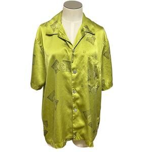 Chico's Womens Vintage Y2K Green Silk Geometric Button Up Shirt Sz 2 (L)